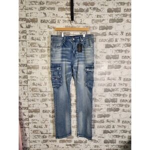 Forever 21 Blue Slim Fit‎ Cargo Jeans Men's 36 Mid Rise Stretch Edgy Rocker Punk
